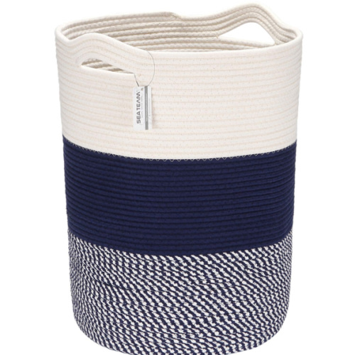 Sea Team Panier de rangement en corde de coton tissée avec poignées, panier à linge, seau en tissu, tambour, panier de rangement de vêtements et de jouets pour chambre d'enfant, 50,8 x 35,6 cm, conception ouverte ronde, blanc et bleu marine moucheté