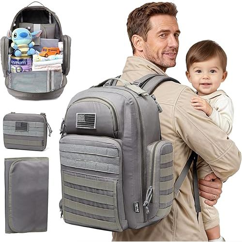 Diaper Bag Backpack for Dad, DBTAC Large Baby Nappy Bag for Men w/Changing Mat, Insulated+Wipe Pockets, Stroller Straps, Grey