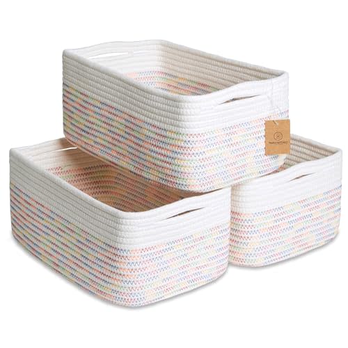 NaturalCozy 13.5”x8.5”x5.5” Rectangle Storage Baskets for Shelves 3 Pack | Cotton Rope Woven Small Baskets for Organizing | Small Storage Bins for Nursery, Bathroom, Closet, Shelf, Decorative