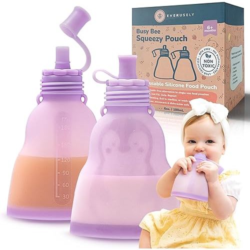 Everusely Leakproof Silicone Reusable Baby Food Pouches, BPA-Free, Dishwasher Safe, Spill-Proof Baby Food Pouches Refillable, Reusable Pouches for Toddlers, Reusable Applesauce Pouches