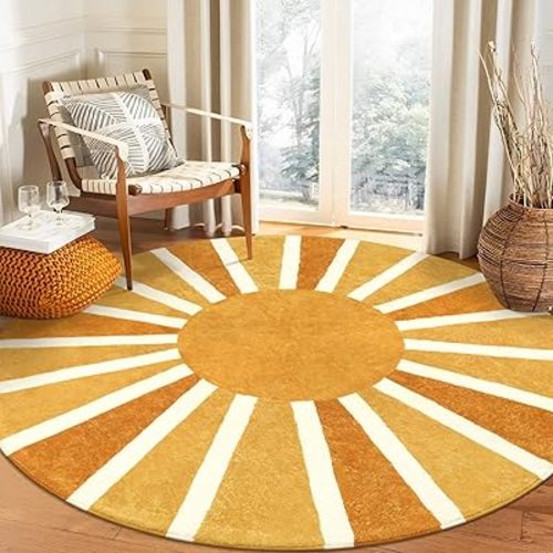 Lahome Round Rug 7Ft Round Area Rug for Living Room, Washable Throw Soft Boho Round Rug Large Non-Slip Untra-Thin Round Dining Room Rug, Cute Rainbow Sun Print Floor Round Carpet for Bedroom Nursery