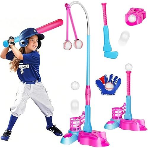 4-in-1 Kids Baseball Set, Hanging Tee, Batting Tee, Pitching Machine, Ball Launcher for Toddlers 3-5, with Baseball Gloves, Ground Stakes for stability, girl