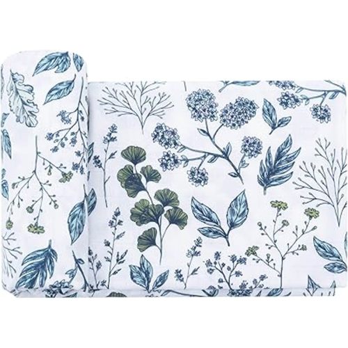 LifeTree Baby Swaddle Blanket, 70% Viscose from Bamboo and 30% Cotton Muslin Swaddles Blankets Boys Girls, Swaddling Blanket for Newborn, Super Soft Large 47" x 47", Blue and White Porcelain