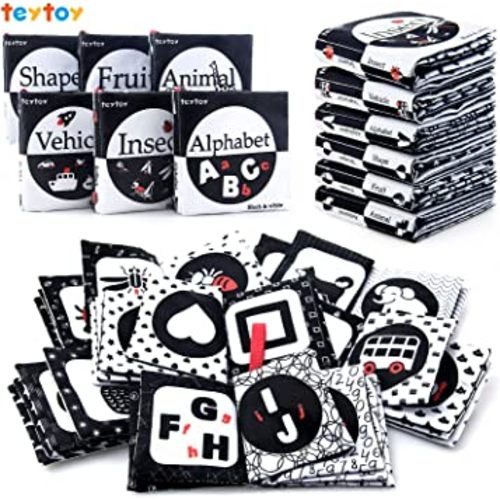 My First Soft Book,teytoy Nontoxic Fabric Baby Cloth Activity Crinkle Soft Black and White Book for Infants Boys and Girls Early Educational Toys Perfect for Baby Shower -Pack of 6