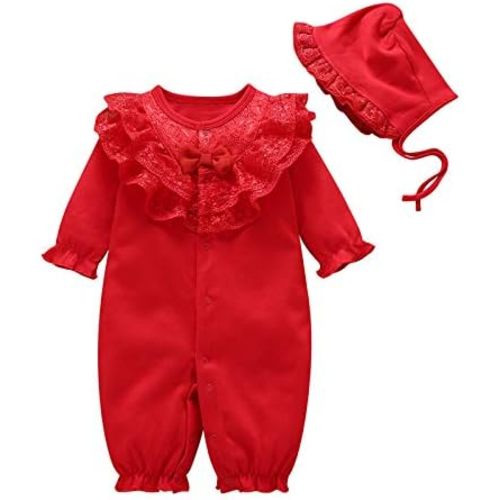 Baby Girls Cotton Romper Lace Collar Jumpsuits Long Sleeve Coveralls with Hat 2 Pieces for 0-18 Months