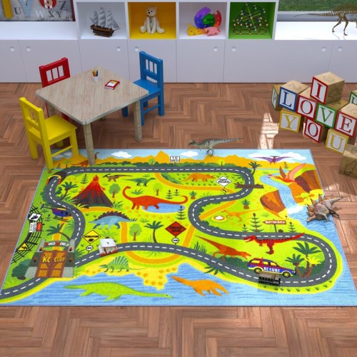 Zoomie Kids Dinosaur Car Kids Playmat Rug Educational for Kids Road and Traffic Carpet Classroom Playroom Mat & Reviews | Wayfair