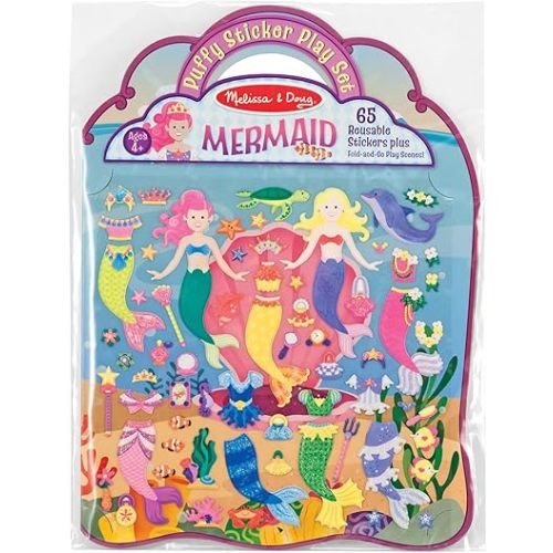 Melissa & Doug Puffy Sticker Play Set – Mermaids, 65 Reusable Stickers with 2 Fold-Out Scenes, Restickable Fashion Activity Book, Mess Free Travel Toys for Kids Ages 4+ - FSC Certified
