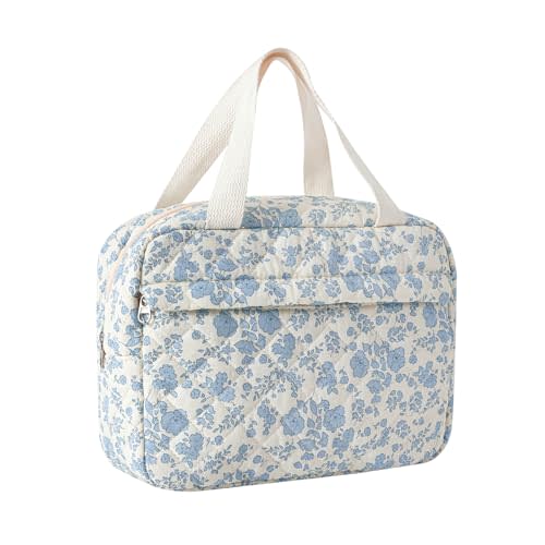 Large Size Quilted Coquette Makeup Bag, Cute Preppy Floral Cotton Travel Cosmetic Organizer Bag with Top Handle, Multi-Layer Travel Toiletry Pouch (01Lightblue Flower)