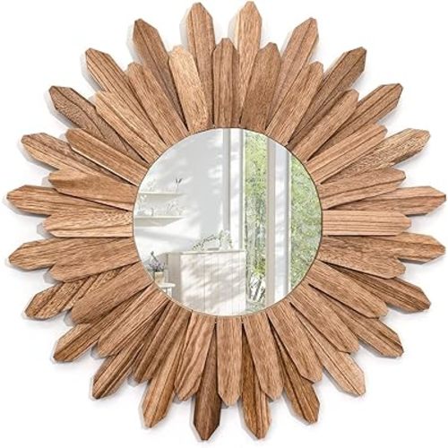 Wall Mirror 21 inch Rustic Wood Farmhouse Mirror Sunburst Boho Mirror Wall Decor Room Decor Home Aesthetic Decor for Bedroom Living Room Entryway (Carbonized Black)