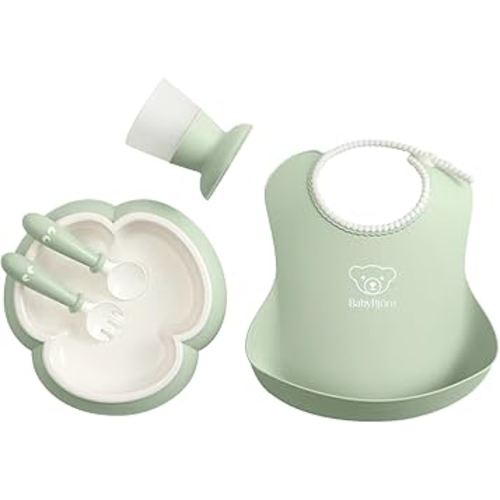 BabyBjörn Baby Dinner Set, 5 pcs, Powder green Includes Baby Plate, Baby Fork, Baby Spoon, and Baby Cup Dishwasher Safe Toddler feeding set for self-feeding or baby-led weaning