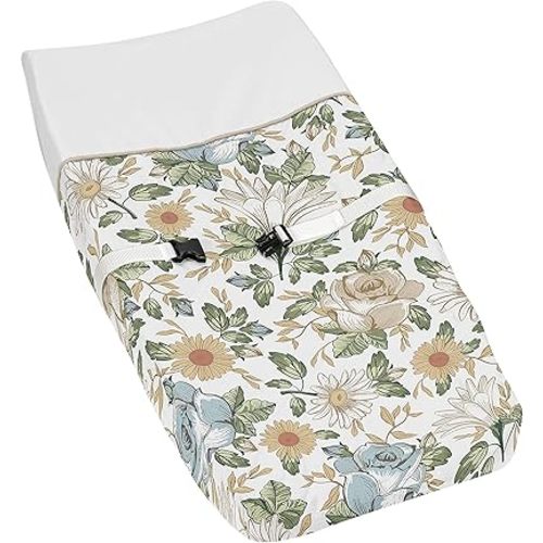 Sweet Jojo Designs Vintage Floral Blue Yellow Girl Baby Changing Pad Cover for Nursery - Slate Green Gold Orange Taupe Beige Shabby Chic Rose Flower Boho Bohemian Farmhouse Roses Wildflower Botanical