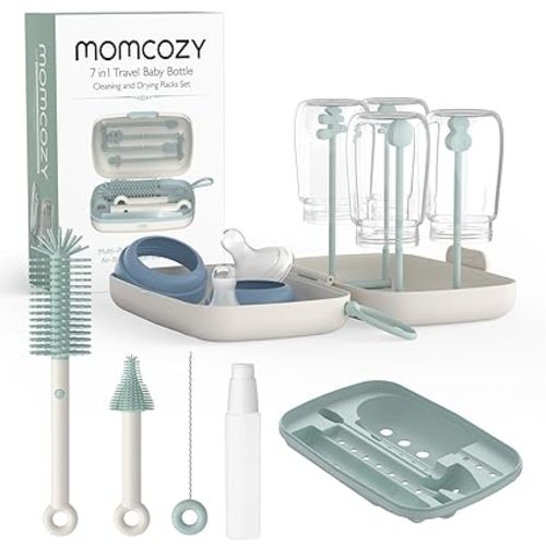 Momcozy Bottle Brush Set - Baby Bottle Cleaner Kit with Silicone Brush, Nipple Brush, Straw Brush, Soap Dispenser, Drying Rack - 7 in 1 Bottle Cleaning Tool for Home and Travel - Classic Style - Green