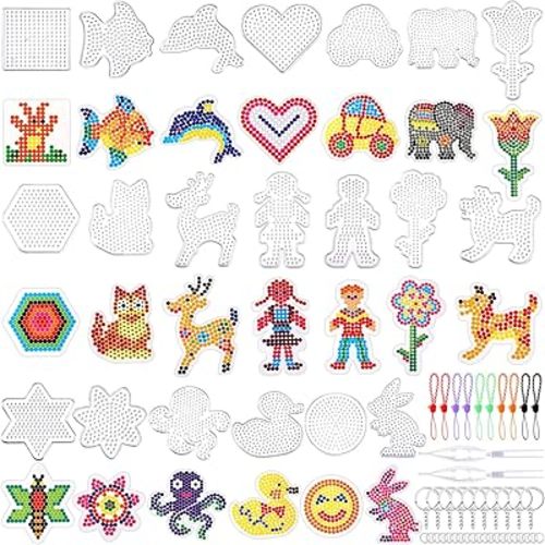 20 Pieces 5mm Fuse Beads Pegboards Clear Animal Shape Plastic Pegboards Craft Tray with 20 Pieces Colorful Cards for Kids DIY Craft Beads