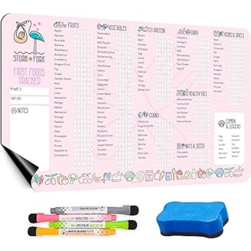Baby First Food Tracker - Dry, Erase Feature, Strong Stickiness on Refrigerators - 11.8"x8.2" Inches, Pink - Baby's Led Weaning Supplies