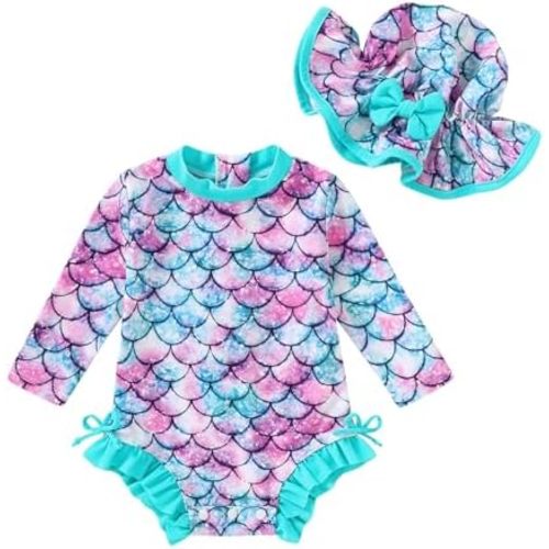 Infant Baby Swimsuit Girl Long Sleeve UPF 50+ Sun Protection One-Piece Rash Guard with Hat Zipper Bathing Suit