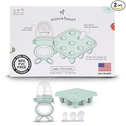 Moss and Fawn Baby's First Bites Bundle - Silicone Frozen Breast Milk Popsicle Kit with Forage Feeder & Teething Popsicle Ice Cube Tray - BPA, PVC, & Lead-Free - Fern