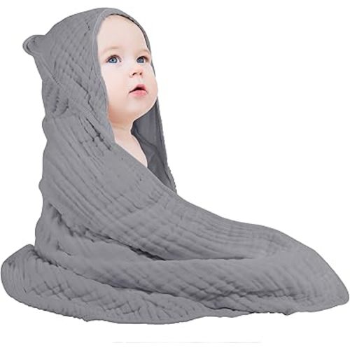 Yoofoss Hooded Baby Towels for Newborn 100% Muslin Cotton Baby Bath Towel with Hood for Babies, Infant, Toddler and Kids, Large 32x32Inch, Soft and Absorbent Newborn Essential,Grey