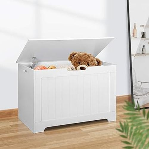 Wooden Storage Chest, Storage Trunk w/2 Safety Hinges,Storage Bench, Modern Lift Top Chest Box Organizer for Entryway,Living Room, Bedroom,Easy Assembly, White