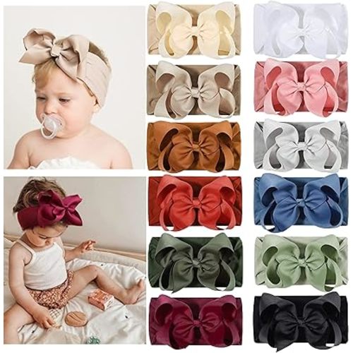 Ayesha Baby Headbands with Soft Nylon Hairbands and Hair Bows for Newborn, Toddler, and Baby Girls (12 Pack)