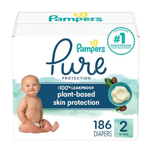 Pampers Baby Diapers - Pure Protection - Size 2, 186 Count, for up to 100% Leakproof, Premium Plant-based Skin Protection