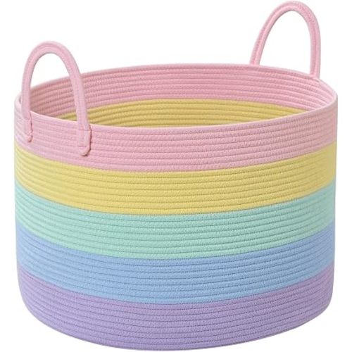 67L Large Rainbow Blanket Basket, Cotton Rope Baby Laundry Hamper with Handles, Kids Toy Basket for Classroom & Nursery, Soft Round Stuffed Animal Storage, Dog Toy Bin - 20"x13", Light Rainbow