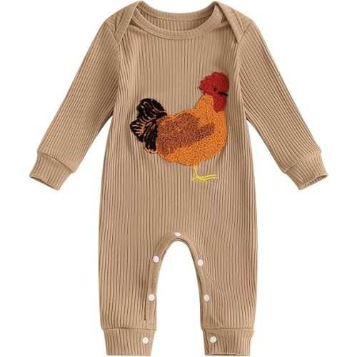 Tsnbre Newborn Boy Girl Outfits Rib Knit Romper Long Sleeve Farm Chicken Bodysuit 0 3 6 9 12 Months Netural Baby Clothes