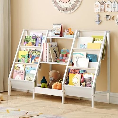 Kids Bookshelf and Toy Organizer, 3-Tier Bookshelf for Kids, Sturdy Kids Bookcase with Storage, Toddler Book Shelf for Kids Room, Playroom, Bedroom, Nursery, White BKWT34201