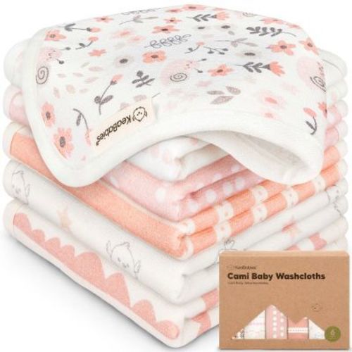 6-Pack Cami Baby Washcloths for Newborn, Organic Cotton Face Wash Cloths for Babies, Soft & Absorbent Baby Bath Towels (Sweet Charm)