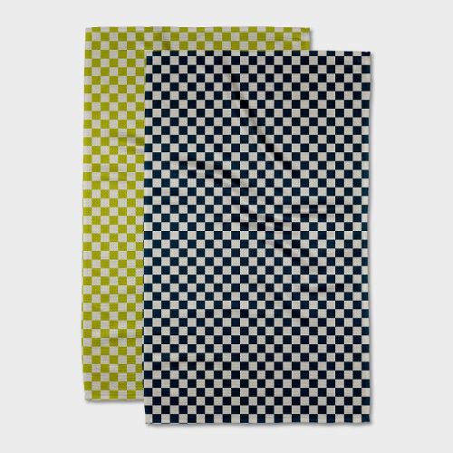 Geometry Tea Towel Set Lila: Modern Gingham Check, Quick Dry Microfiber, 2-piece Kitchen Textile, Off-white/black/green