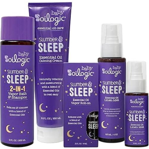 Oilogic Slumber & Sleep Baby Bath Essentials Gift Set, 5-Pack - Essential Oil Care Includes Roll-On, Calming Cream, Vapor Bath, and Two Linen Mist - Relaxing Lavender & Chamomile