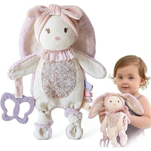 Moonkie Baby Lovey with Silicone Teether, Bunny Security Blanket with Textured Ribbons, Crinkle Toys, Soft Minky Velour & Natural Cotton, Newborn Girl Gift for Baby Shower or Birthday