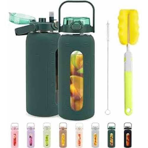 Tronco 64oz Glass Water Bottles with Straw Lid and Time Marker Half Gallon Large Motivational Water Bottle with Silicone Sleeve 2L Refillable Water Jug Bottle for Gym Home Workout BPA Free,Dark Green