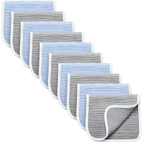 Synrroe Burp Cloths Large, Muslin Burp Cloths for Baby Girls and Boys, Pack of 10 Extra Absorbent and Soft Muslin Bibs, 6 Layers 20 by 10 Inches 100% Cotton (Blue-Grey 10 Pack)