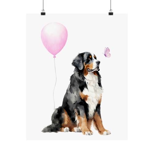 Baby Girl Bernese Mountain Dog Nursery Wall Art - Printed Matte Vertical Poster Pink Ballon & Butterfly