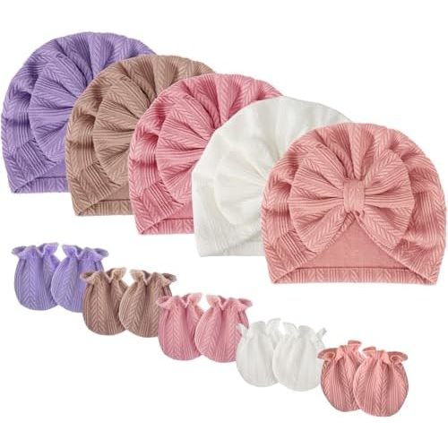 BQUBO Newborn Baby Girls Hats Mittens Set Hospital Hat Beanie Infant Bow Hats Baby Cotton Gloves No Scratch Mittens