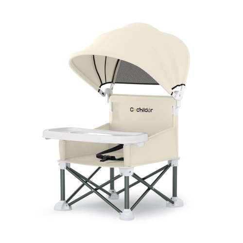 Cochildor Portable Baby Booster Seat with Tray, Removable Canopy and Carry Bag – for Indoor Outdoor Use, Ages 6-36 Months, Up to 37 lbs, Beige
