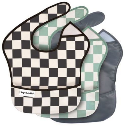 Tiny Twinkle Mess-proof And Waterproof Baby Food Bib For Boys Or Girls, Machine Washable And Bpa-free W/adjustable Closure (3-pack, Checkers Boy)