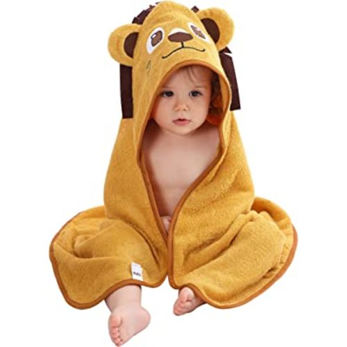 MICHLEY Bamboo Viscose Baby Hooded Bath Towel for Boys and Girls, 29.5 x 29.5 Inch Ultra-Soft and Quick-Drying Infant Bathrobe (Lion)