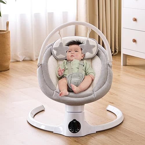 HARPPA Electric Baby Swing for Infants with Music Speaker, 5 Adjustable Speeds, 5-Point Safety Harness, Timer Function, Compact Design for Indoor & Outdoor Use,Grey