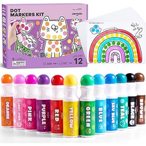 Jar Melo Washable Dot Markers for Toddlers, 12 Colors Dot Paints with 120 Printed PDF & 20 Activity Papers, Non-Toxic Bingo Markers for Kids Arts and Crafts Gifts