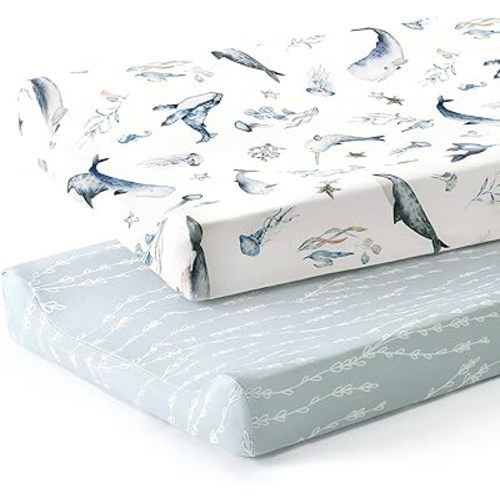 GRSSDER Stretch Ultra Soft Jersey Knit Changing Pad Cover Set 2 Pack, Change Table Pad Covers Fit 32"/34" x 16" Pads Safe and Snug, Sea Fish Print for Girls and Boys
