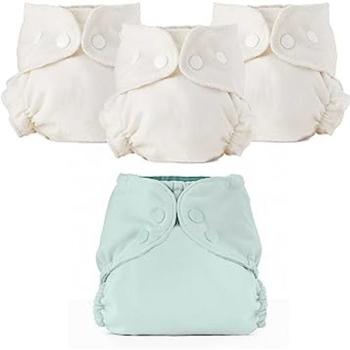 Esembly Cloth Diaper Bundle Set, 3 Organic Absorbent Inners and 1 Waterproof Diaper Cover, Blowout-Proof Reusable Washable Diapers with Snap Closure, Size 2 (18-35lbs), Mist