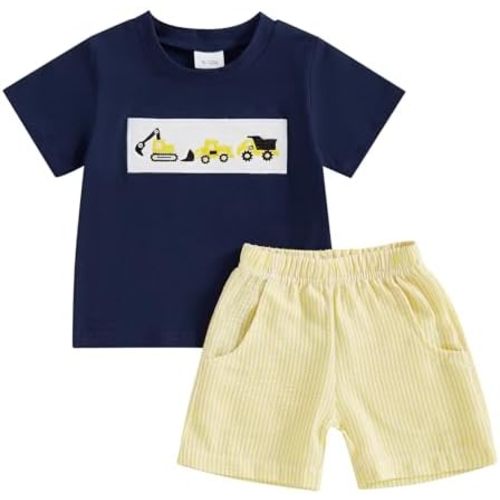 CIYCUIT Toddler Baby Boy Clothes Embroidered Print T-Shirt and Striped Shorts 2 Piece Outfit Set