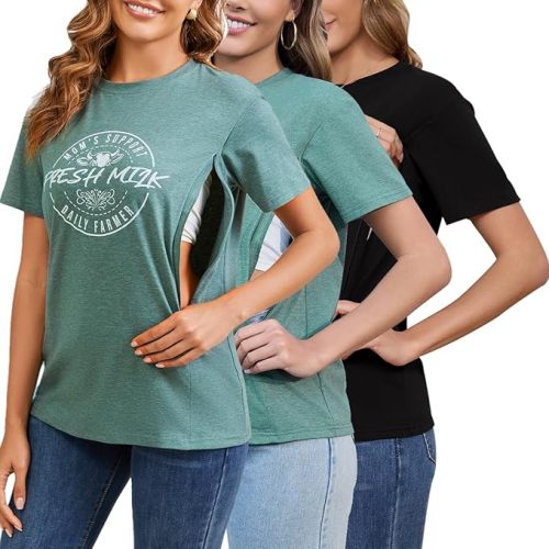 Ecavus Women's 3-Pack Nursing Shirts for Breastfeeding with Hidden Zippers Loose Fit Maternity Tops