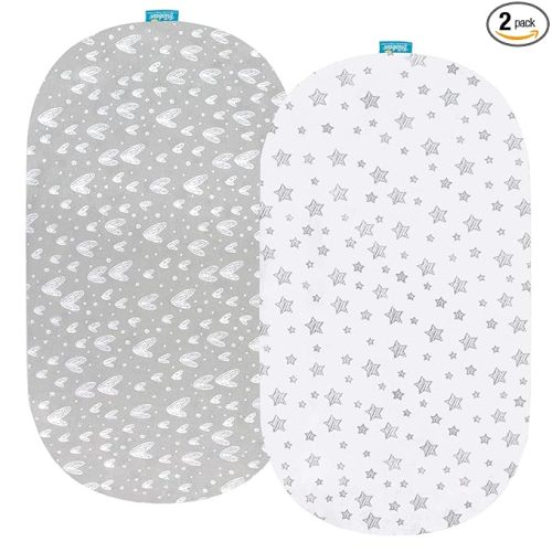 Bassinet Sheets Fit for Oval, Hourglass, Rectangle Bassinet Mattress, 2 Pack 100% Cotton Sheets for Halo, 4moms, Maxi-COSI, Delta, Baby Delight Bassinest, Unisex Fitted Sheet for Baby Boy Girl