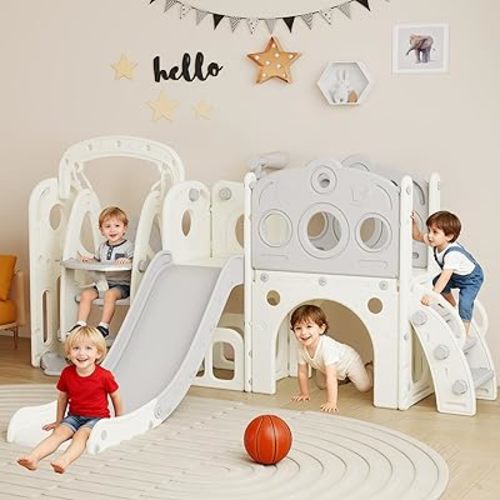 9 in 1 Toddler Slide and Swing Set, Slide for Toddlers 1-3, Kids Indoor Outdoor Playset Playground with Basketball Hoop, Telescope