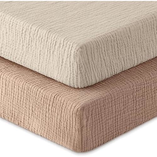 Muslin Crib Sheets for Boys Girls, 100% Cotton Fitted Crib Sheet 2 Pack for Standard Crib and Toddler Mattress, Breathable Soft Baby Sheet 28x52x8in Beige & Brown