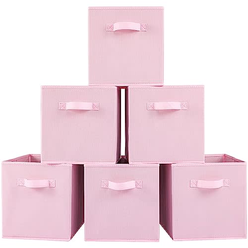 Stero Fabric Storage Bins 6 Pack Fun Colored Durable Storage Cubes with Handles Foldable Cube Baskets for Home, Kids Room, Closet and Toys Organization pink