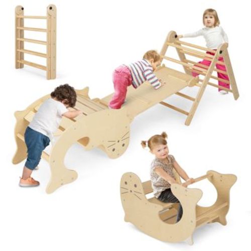Costway 7-in-1 Indoor Climbing Toys for Toddlers w/ Reversible Ramp Sea Lion Rocker Natural