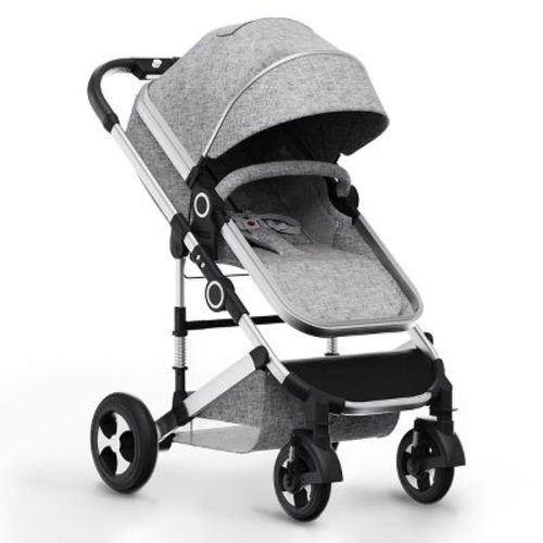 Kinder King Cozi 2 Convertible Baby Stroller, Folding High Landscape Infant Carriage, Adjustable Canopy, Diaper Bag, Anti-Shock, Light Gray
